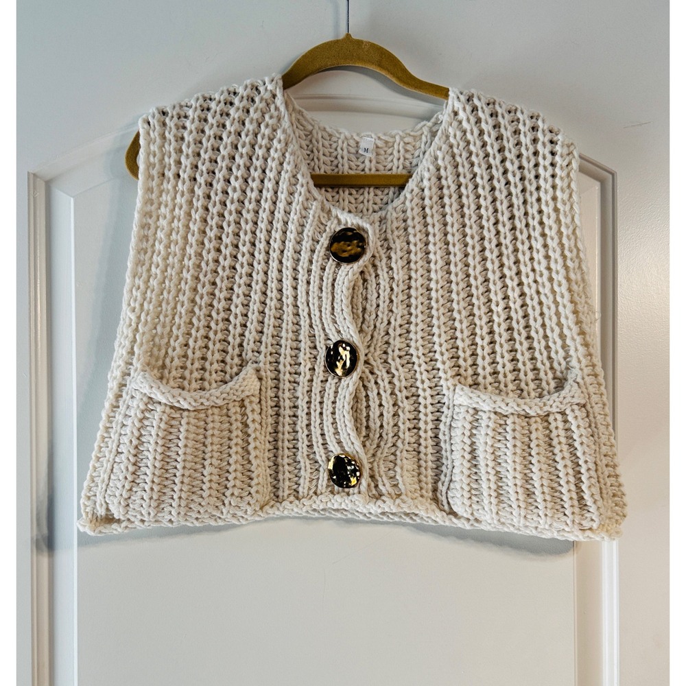 Chunky Knit Sweater Vest Women M Cream Ribbed Pockets Grandmacore Cottagecore